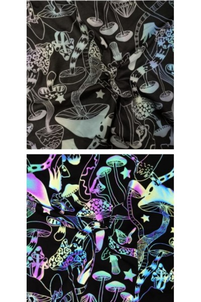 DG-CW  Multicolor Printed Reflective Stretch Fabric  Yoga Clothing  Iridescent Reflective Fabric  Silver Print Reflective Fabric  Size: Width 1.45m  Thickness: 0.45mm  Material: 100% Polyester / Polyester-Cotton / Polyester-Spandex  Reflectivity: 330-420  45 degree